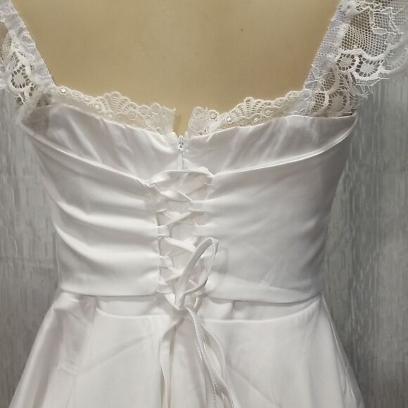 Women's Satin Lace Strap Mini Dress Square Neck Flowy A-Line Ruffle Swing Casual - Picture 11 of 15